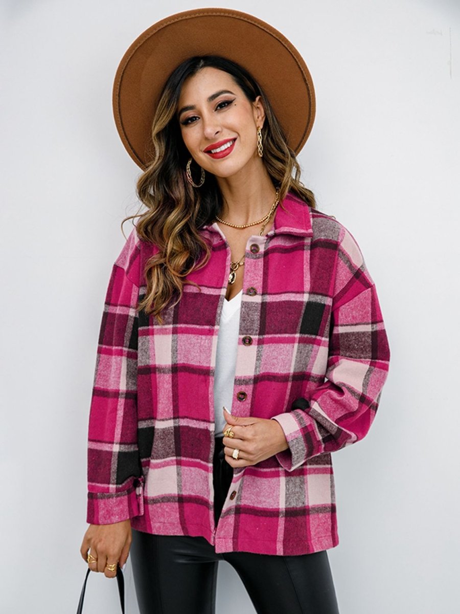 Shiny Plaid Button Up Collared Neck Jacket - Outerwear