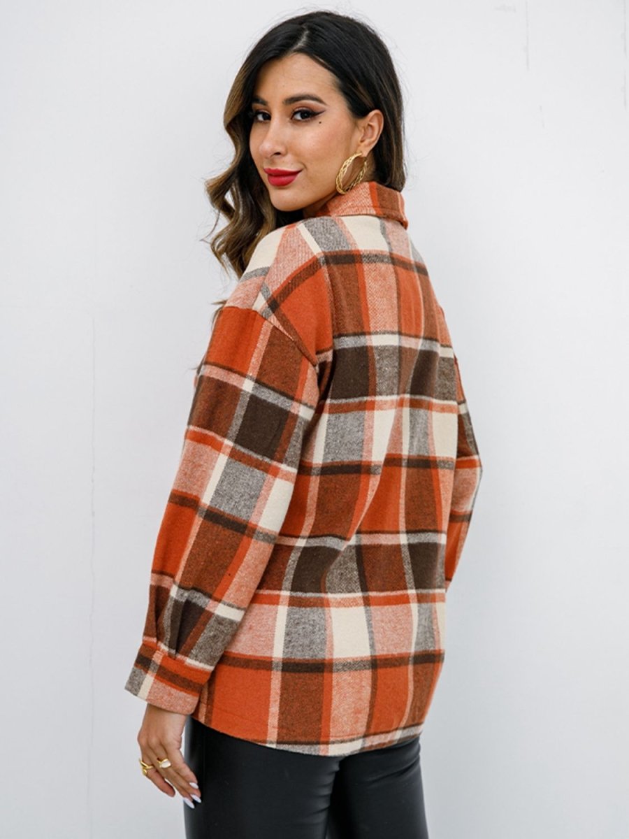 Shiny Plaid Button Up Collared Neck Jacket - Outerwear