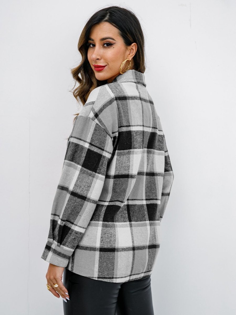 Shiny Plaid Button Up Collared Neck Jacket - Outerwear