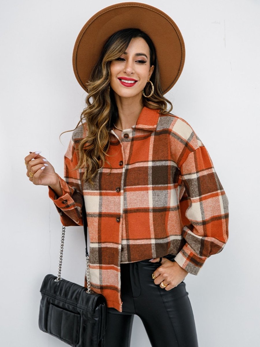 Shiny Plaid Button Up Collared Neck Jacket - Outerwear
