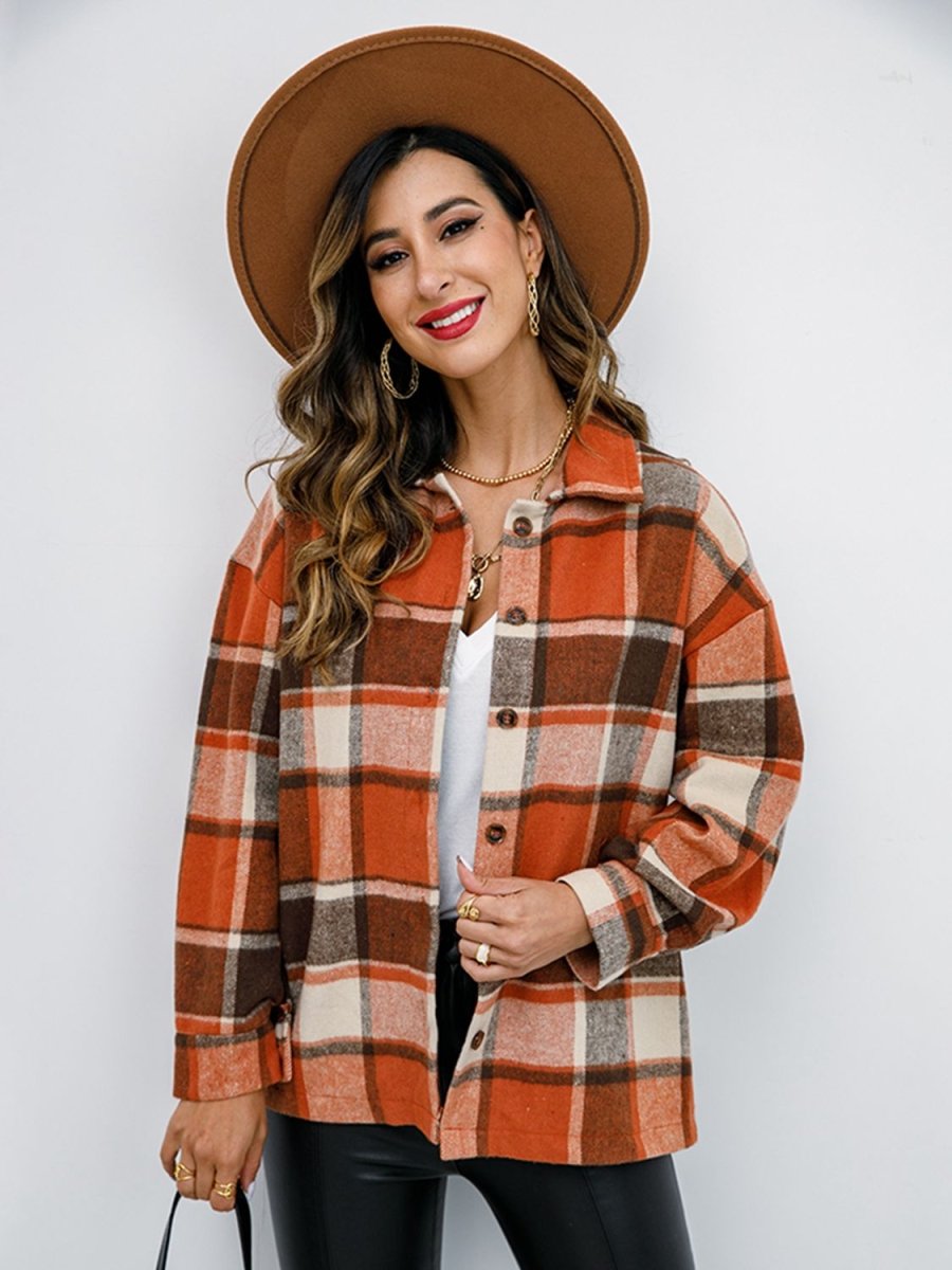 Shiny Plaid Button Up Collared Neck Jacket - Outerwear