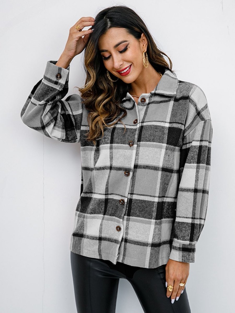 Shiny Plaid Button Up Collared Neck Jacket - Outerwear