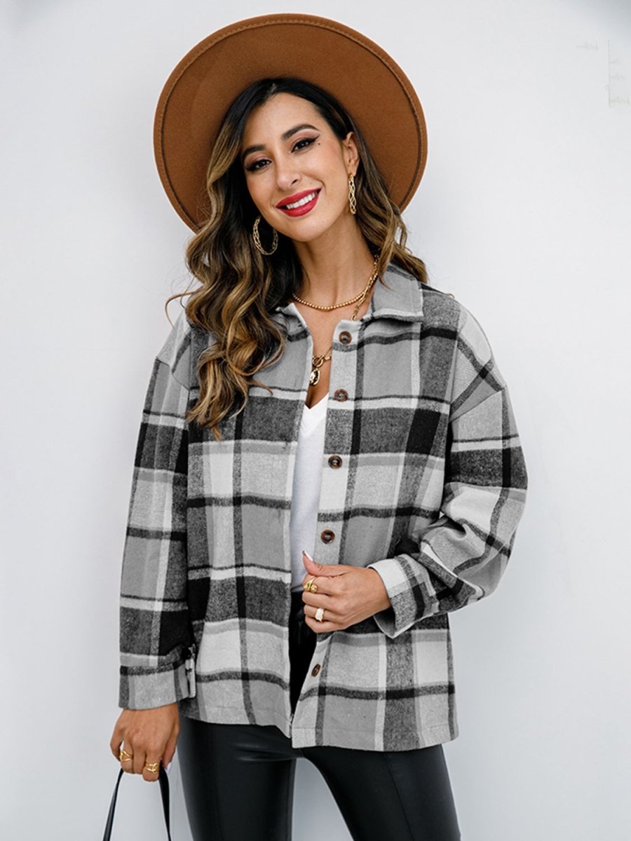 Shiny Plaid Button Up Collared Neck Jacket - Outerwear