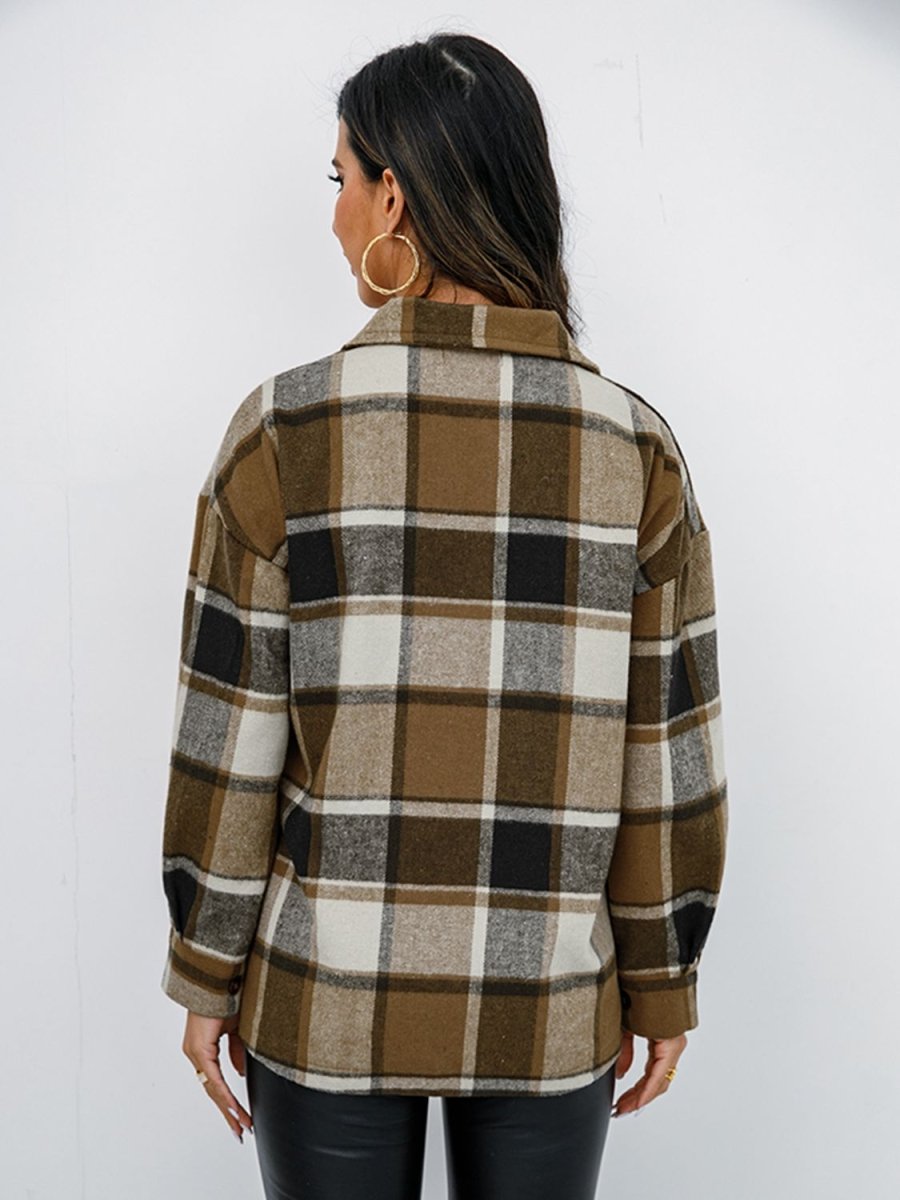 Shiny Plaid Button Up Collared Neck Jacket - Outerwear