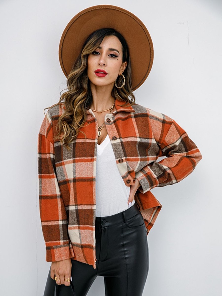 Shiny Plaid Button Up Collared Neck Jacket - Outerwear