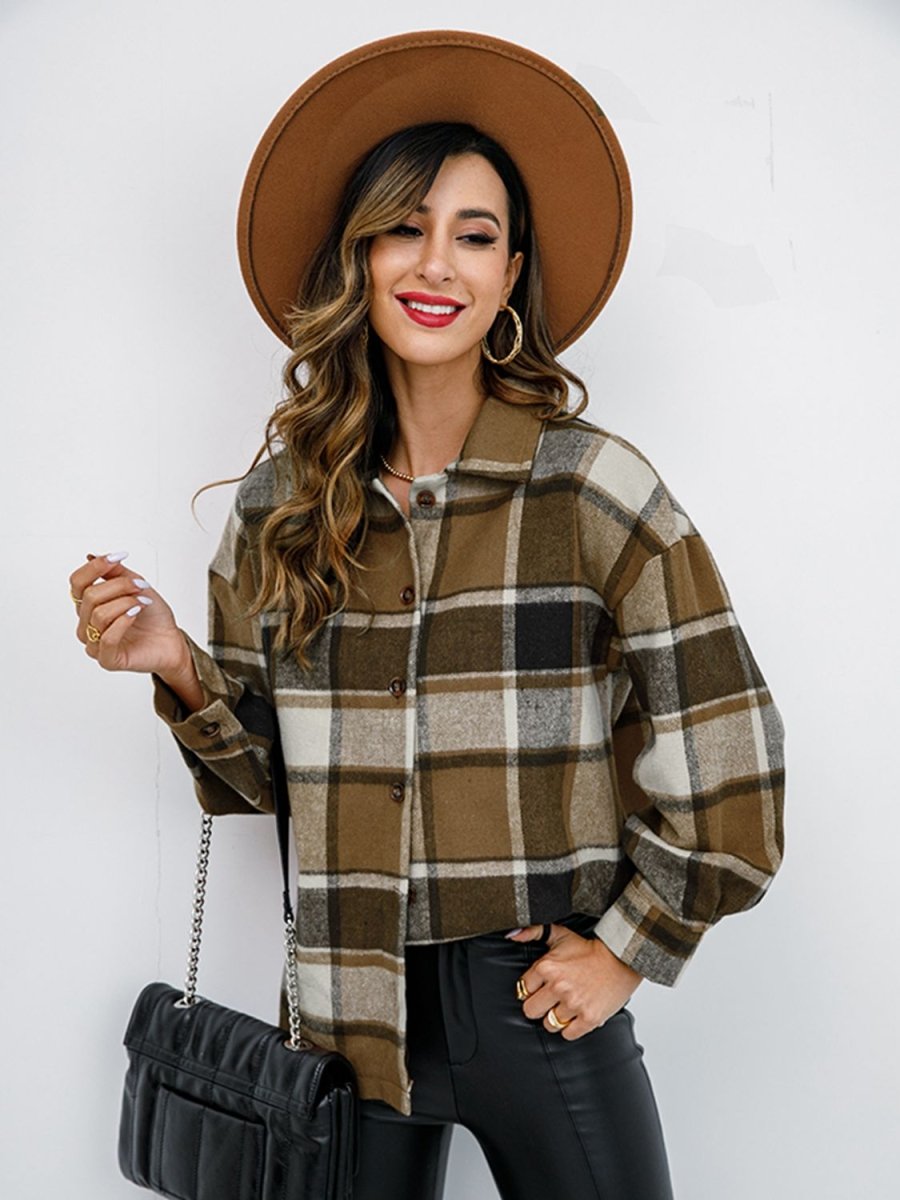 Shiny Plaid Button Up Collared Neck Jacket - Outerwear