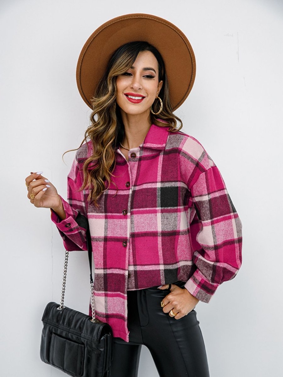 Shiny Plaid Button Up Collared Neck Jacket - Outerwear