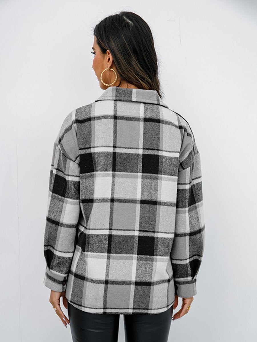 Shiny Plaid Button Up Collared Neck Jacket - Outerwear