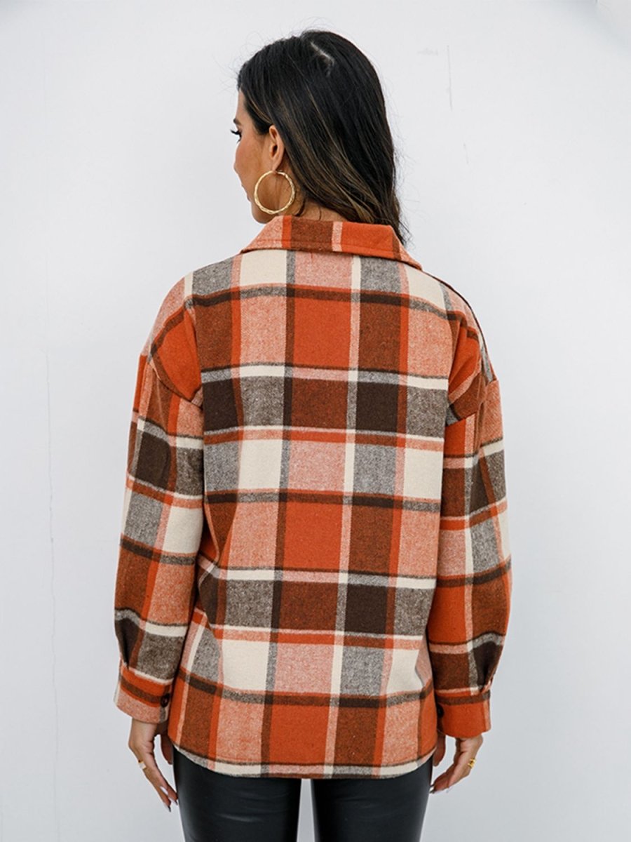 Shiny Plaid Button Up Collared Neck Jacket - Outerwear