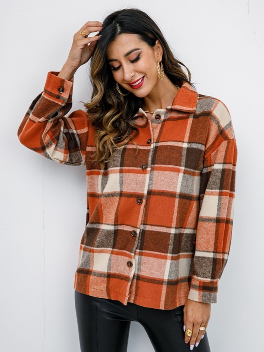 Shiny Plaid Button Up Collared Neck Jacket - Outerwear