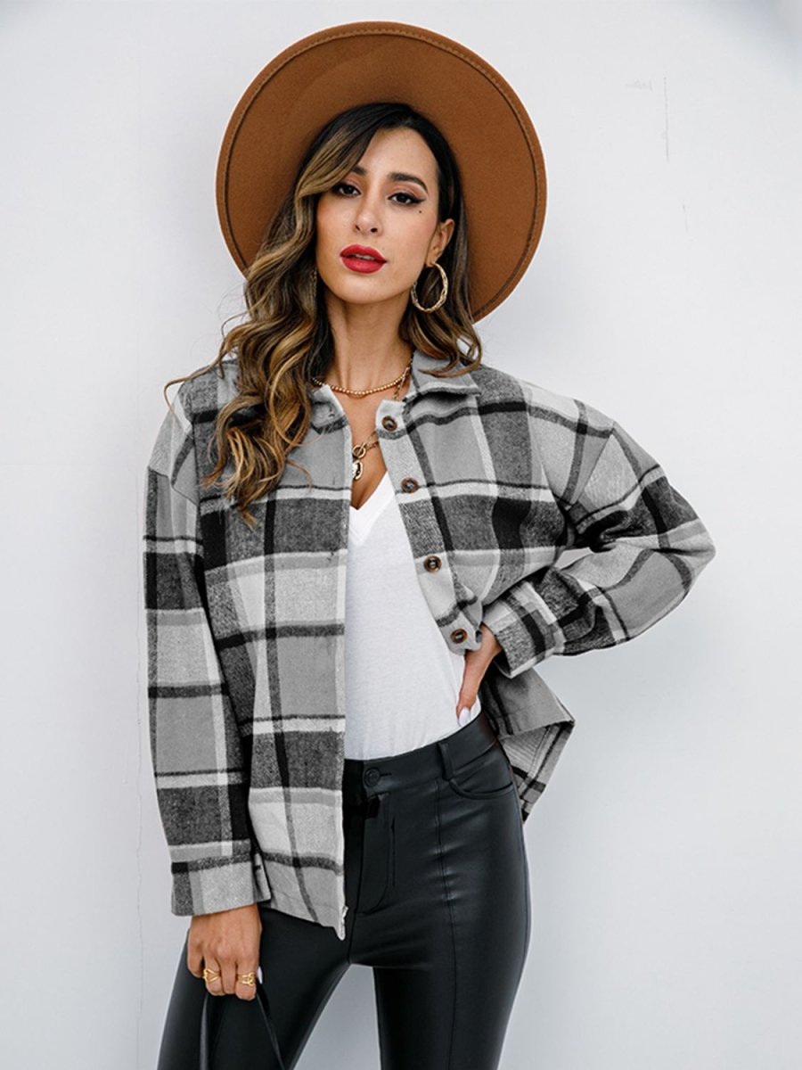 Shiny Plaid Button Up Collared Neck Jacket - Outerwear