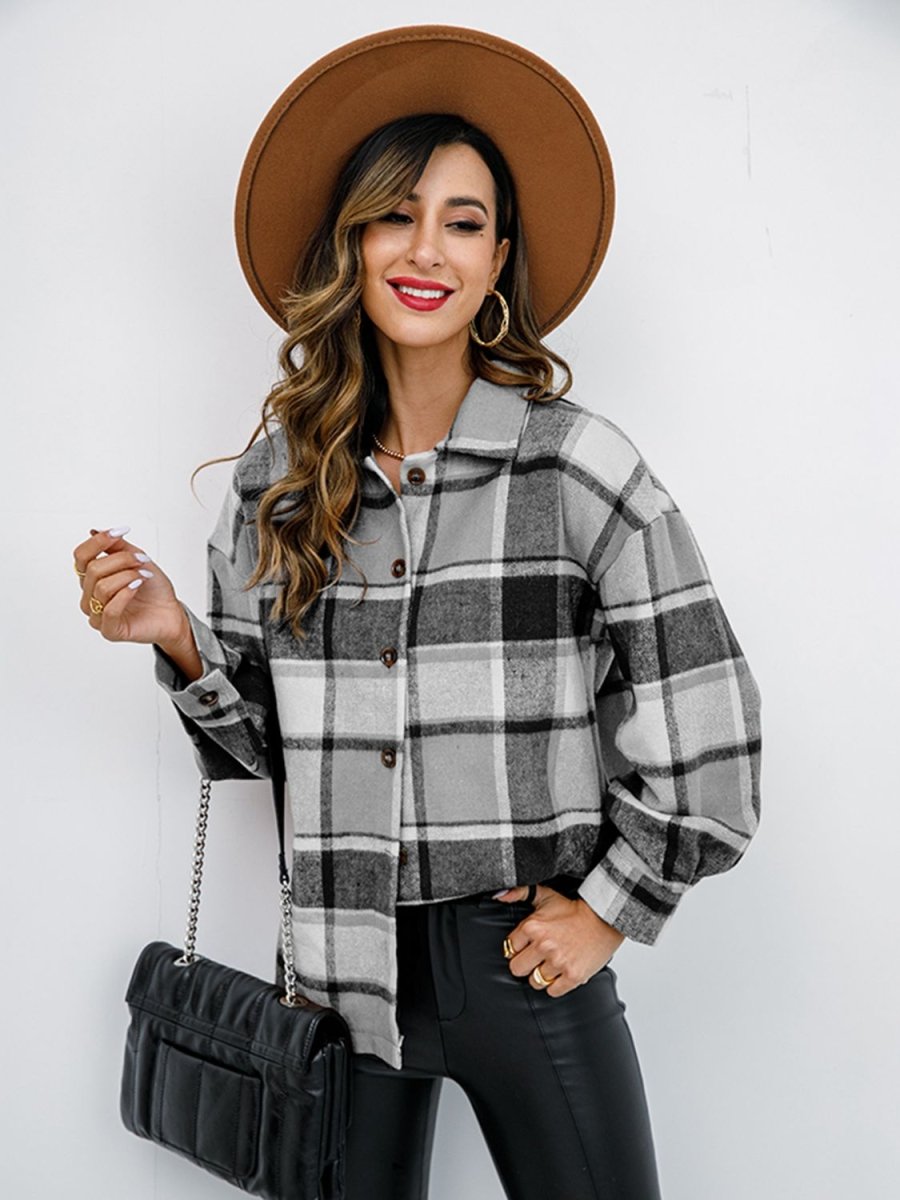 Shiny Plaid Button Up Collared Neck Jacket - Outerwear