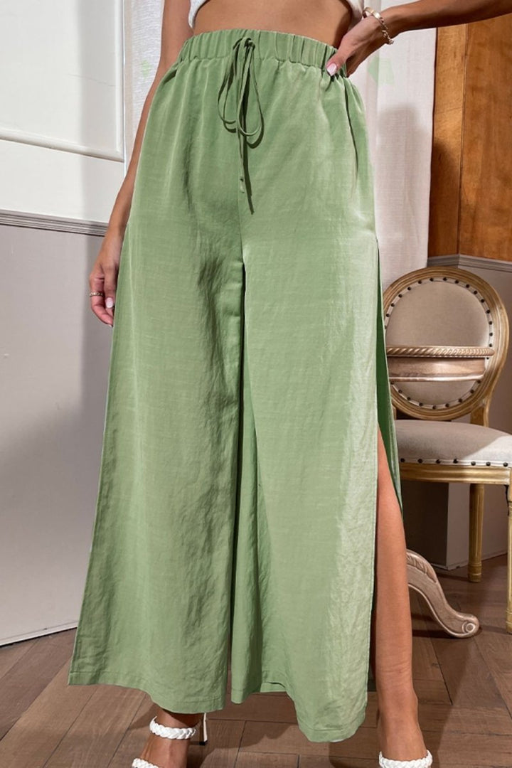 Shiny Side Slit Wide Leg Pants - Bottoms