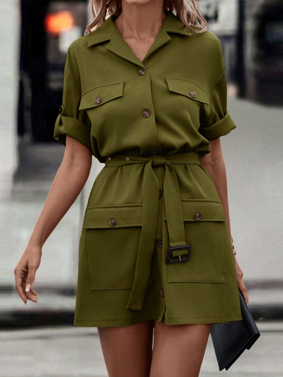 Shiny Tie Waist Collared Dress - Day Dress