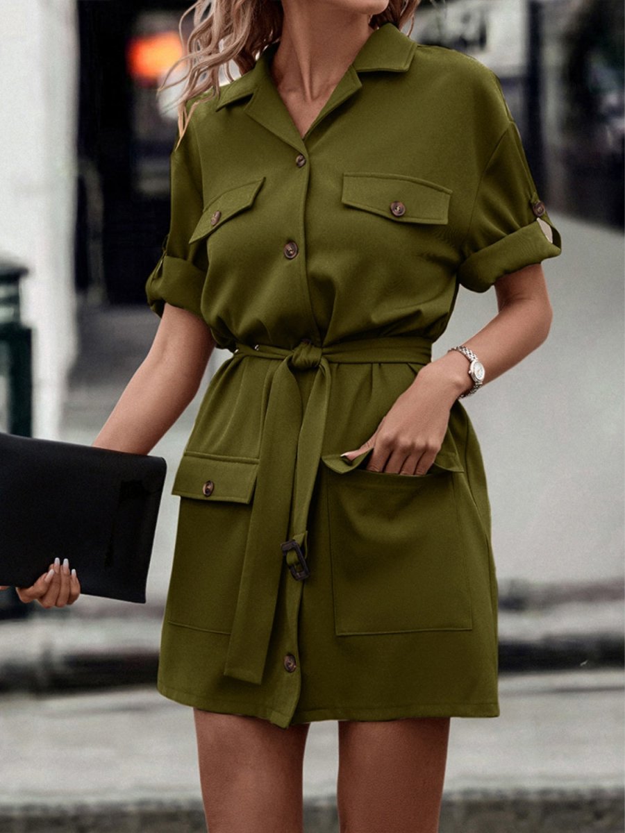 Shiny Tie Waist Collared Dress - Day Dress