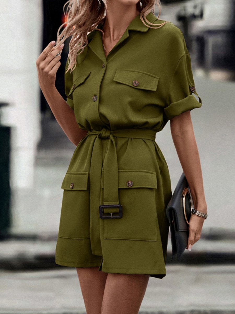 Shiny Tie Waist Collared Dress - Day Dress