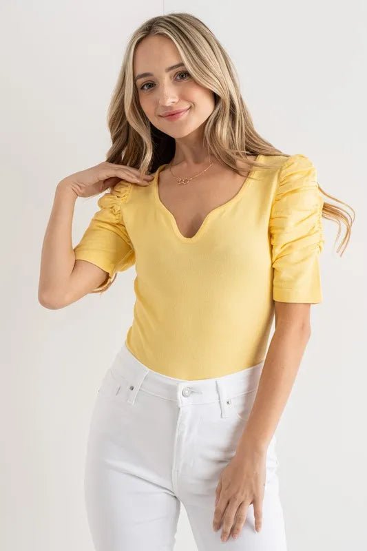 Shirring Puff Sleeve Bodysuit - 