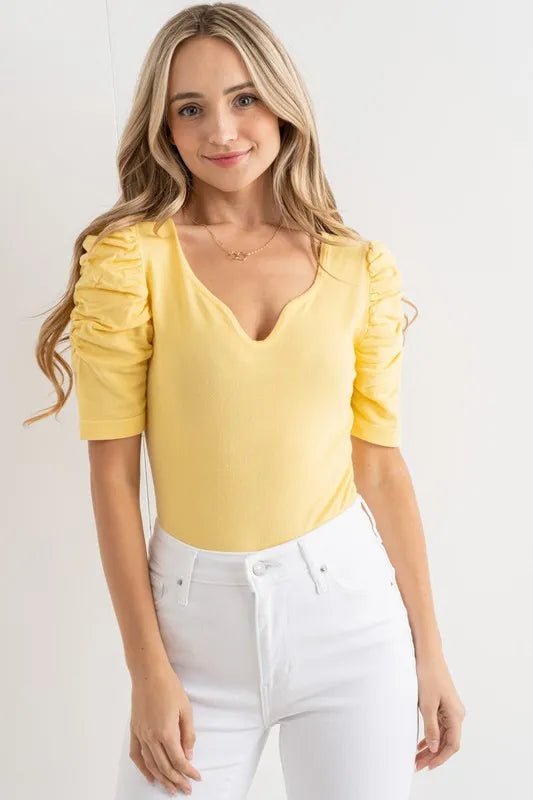 Shirring Puff Sleeve Bodysuit - 