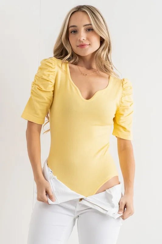 Shirring Puff Sleeve Bodysuit - 