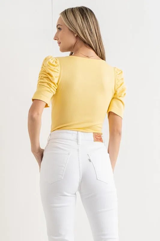 Shirring Puff Sleeve Bodysuit - 