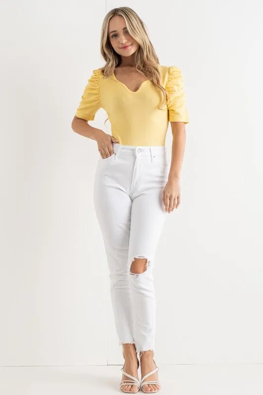 Shirring Puff Sleeve Bodysuit - 