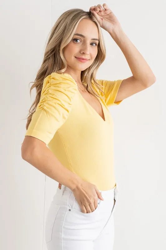 Shirring Puff Sleeve Bodysuit - 