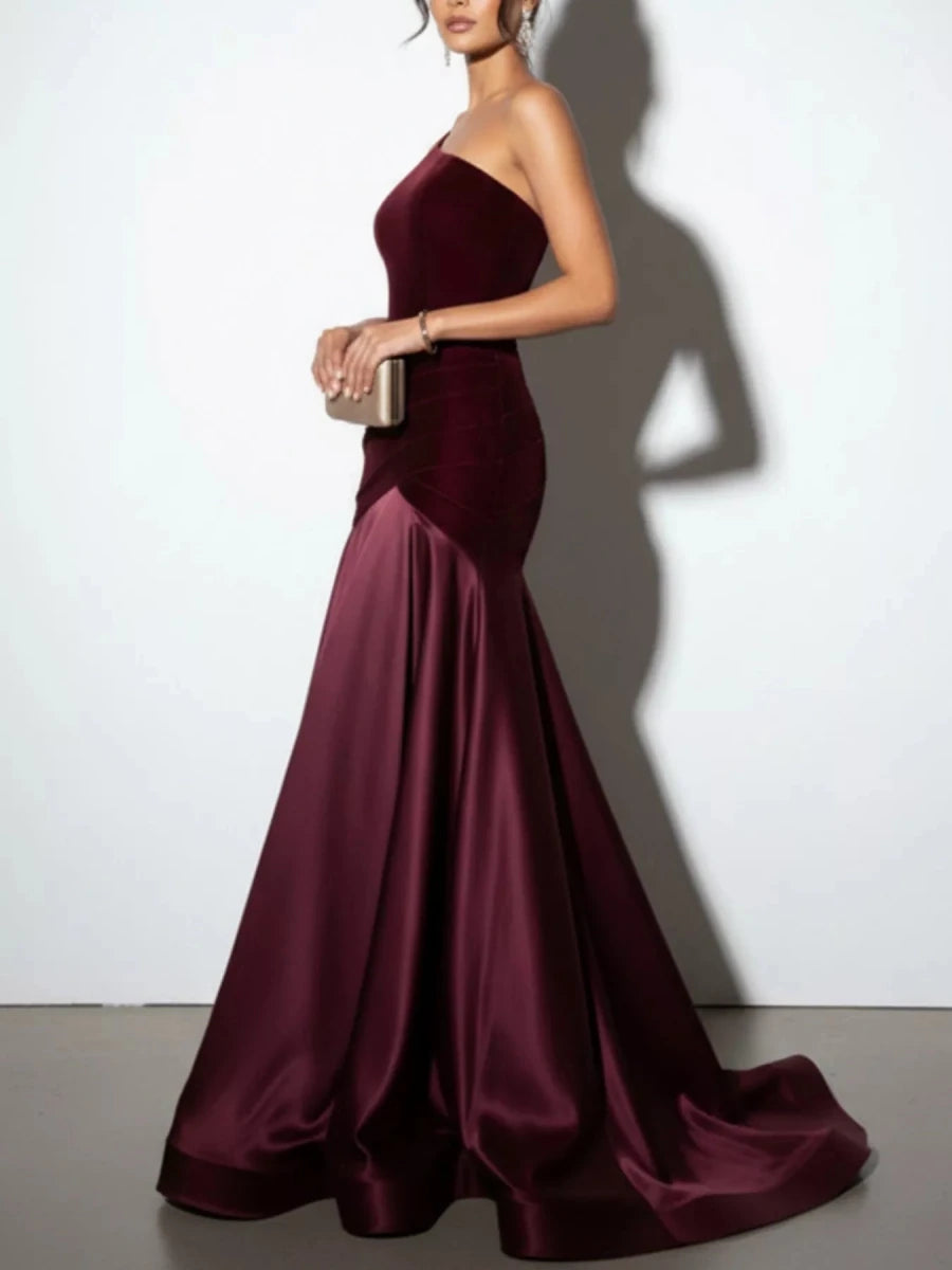 Single Shoulder Floor Length Dress - 