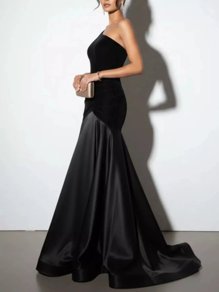 Single Shoulder Floor Length Dress - 