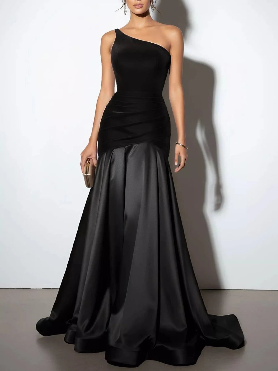 Single Shoulder Floor Length Dress - 