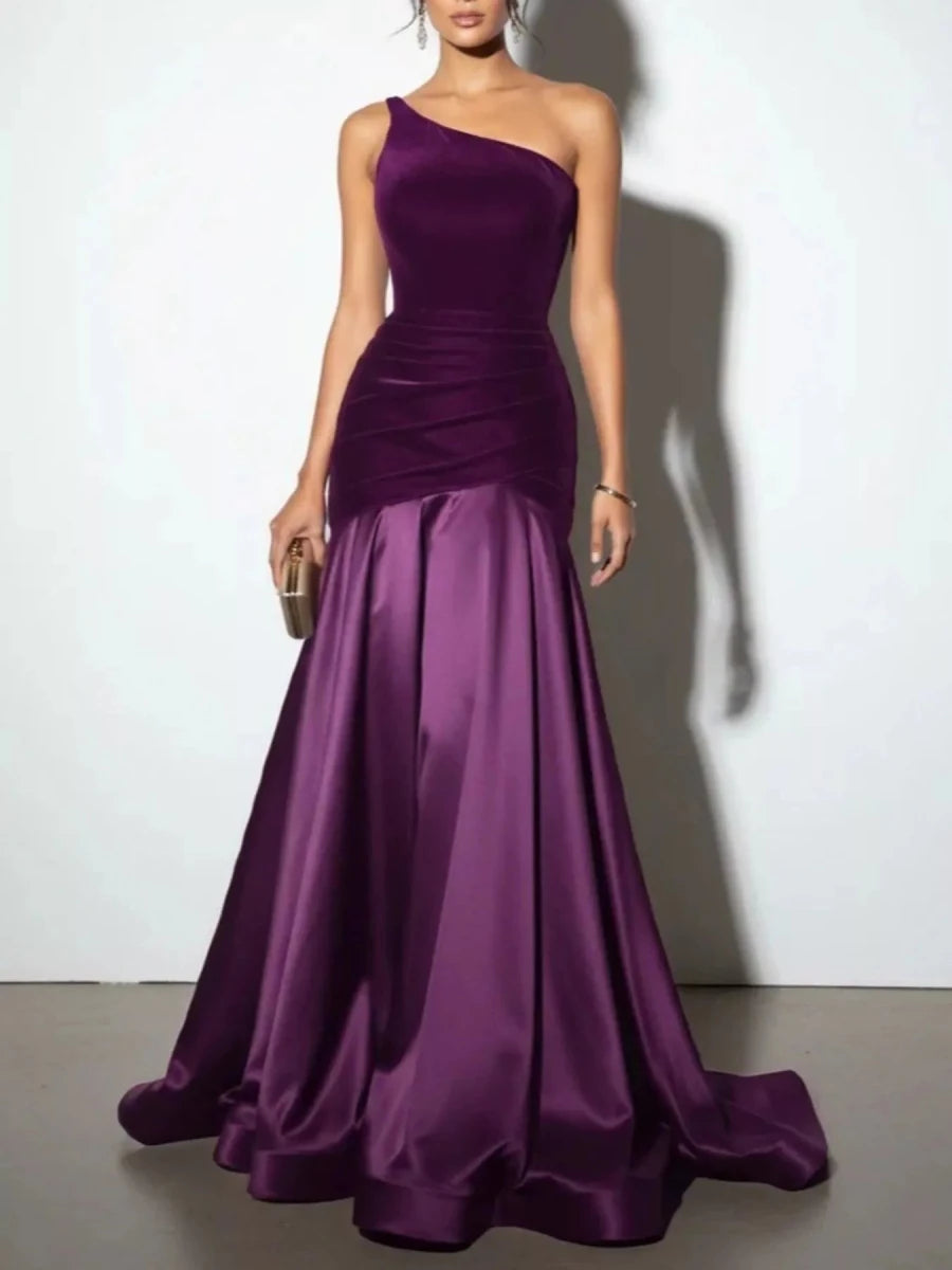 Single Shoulder Floor Length Dress - 