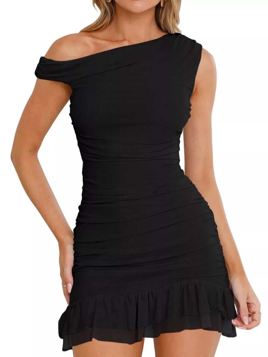 Single Shoulder Ruched Mini Dress - 
