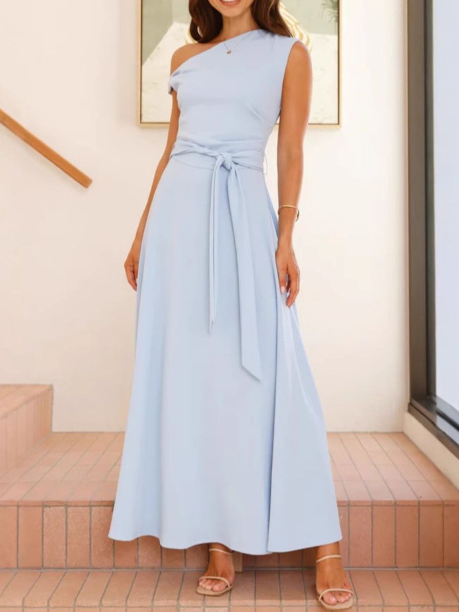 Single Shoulder Tie Waist Maxi Dress - 