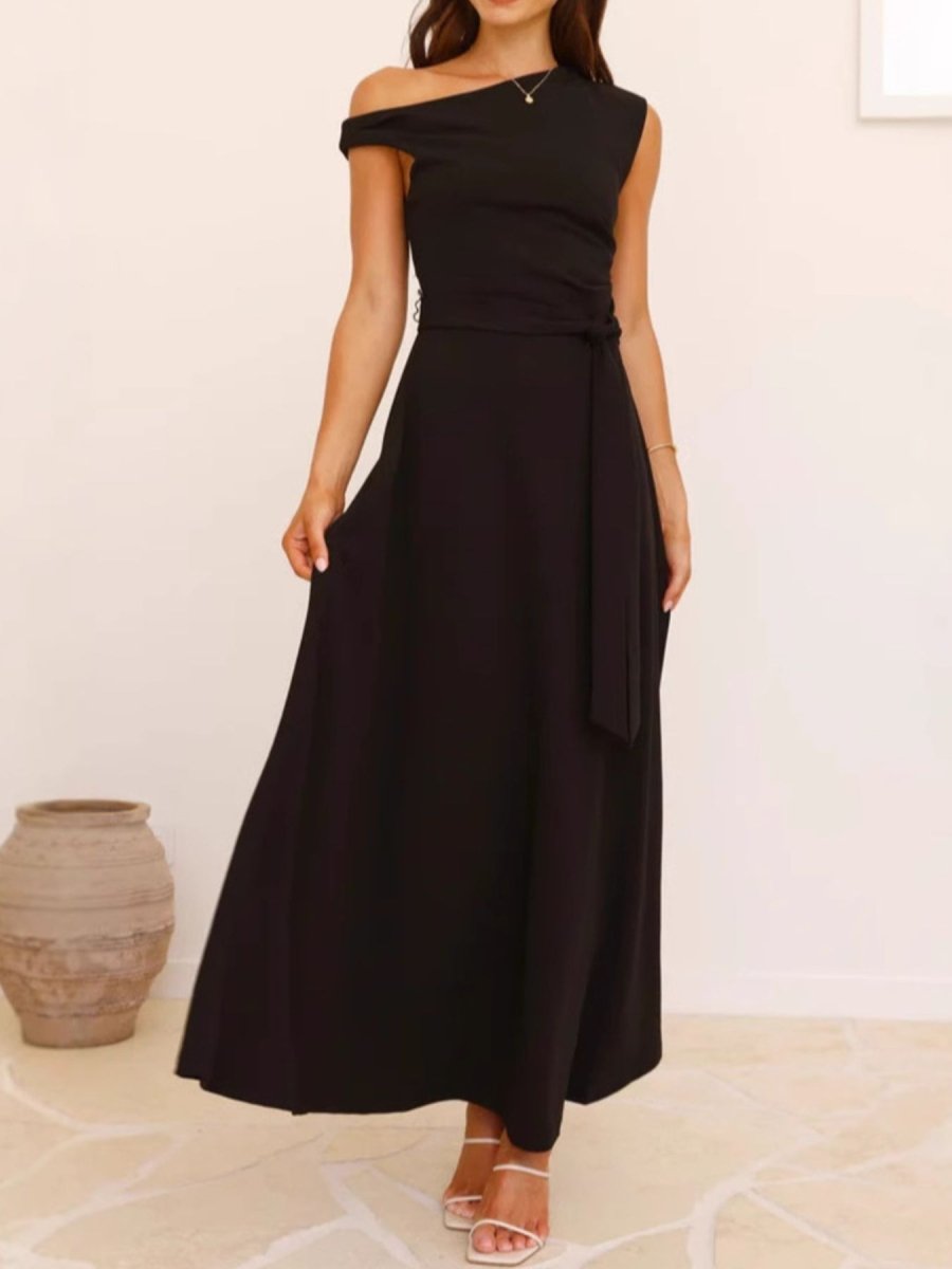 Single Shoulder Tie Waist Maxi Dress - 