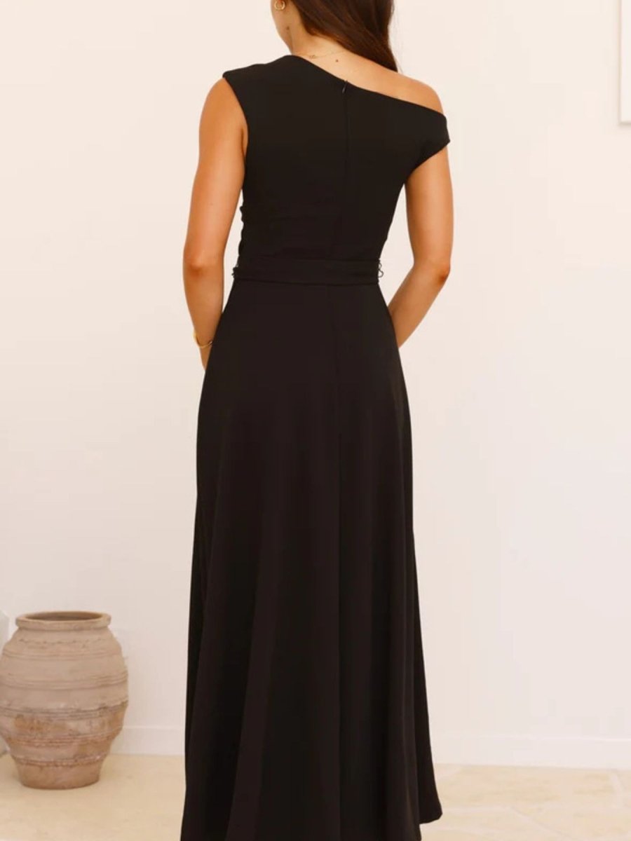 Single Shoulder Tie Waist Maxi Dress - 
