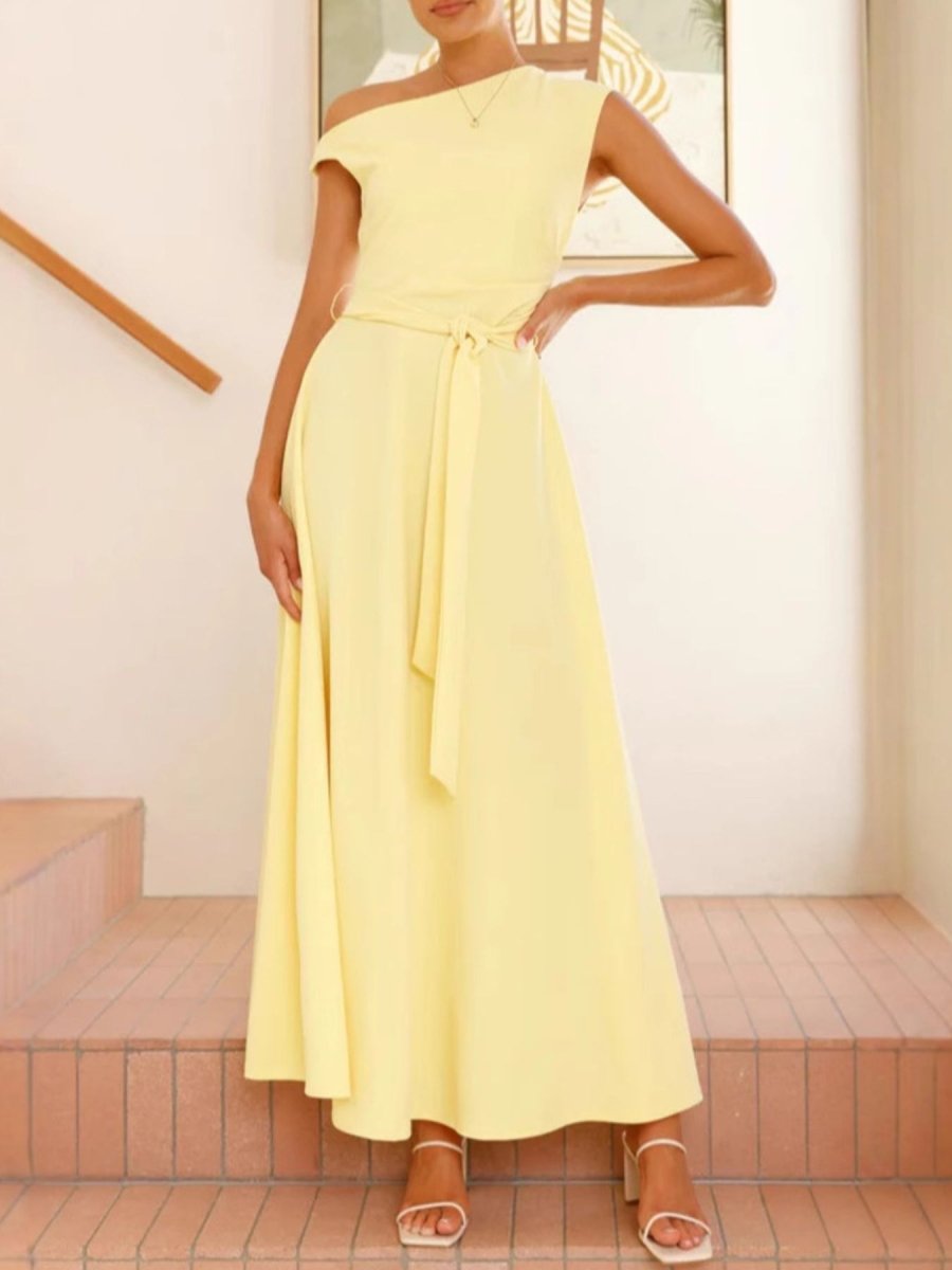 Single Shoulder Tie Waist Maxi Dress - 
