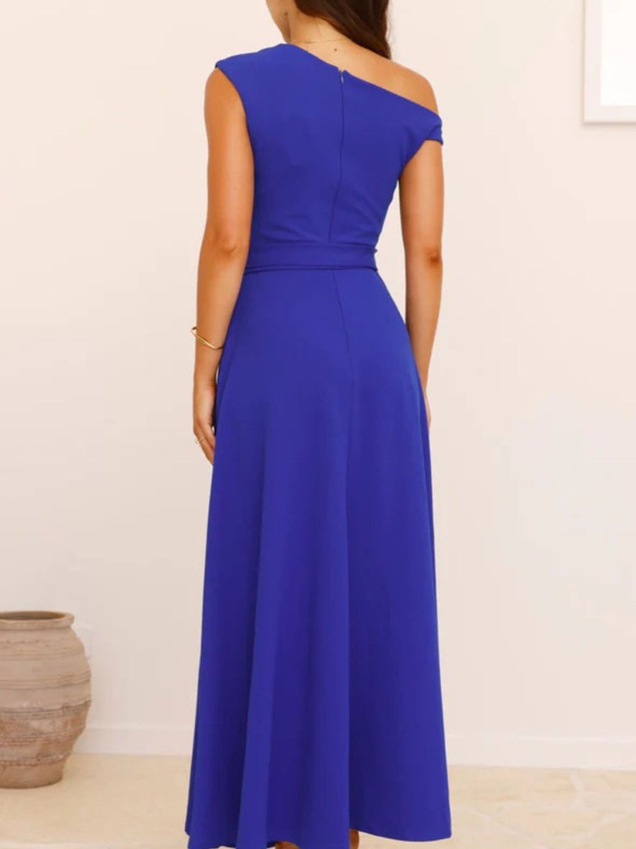 Single Shoulder Tie Waist Maxi Dress - 