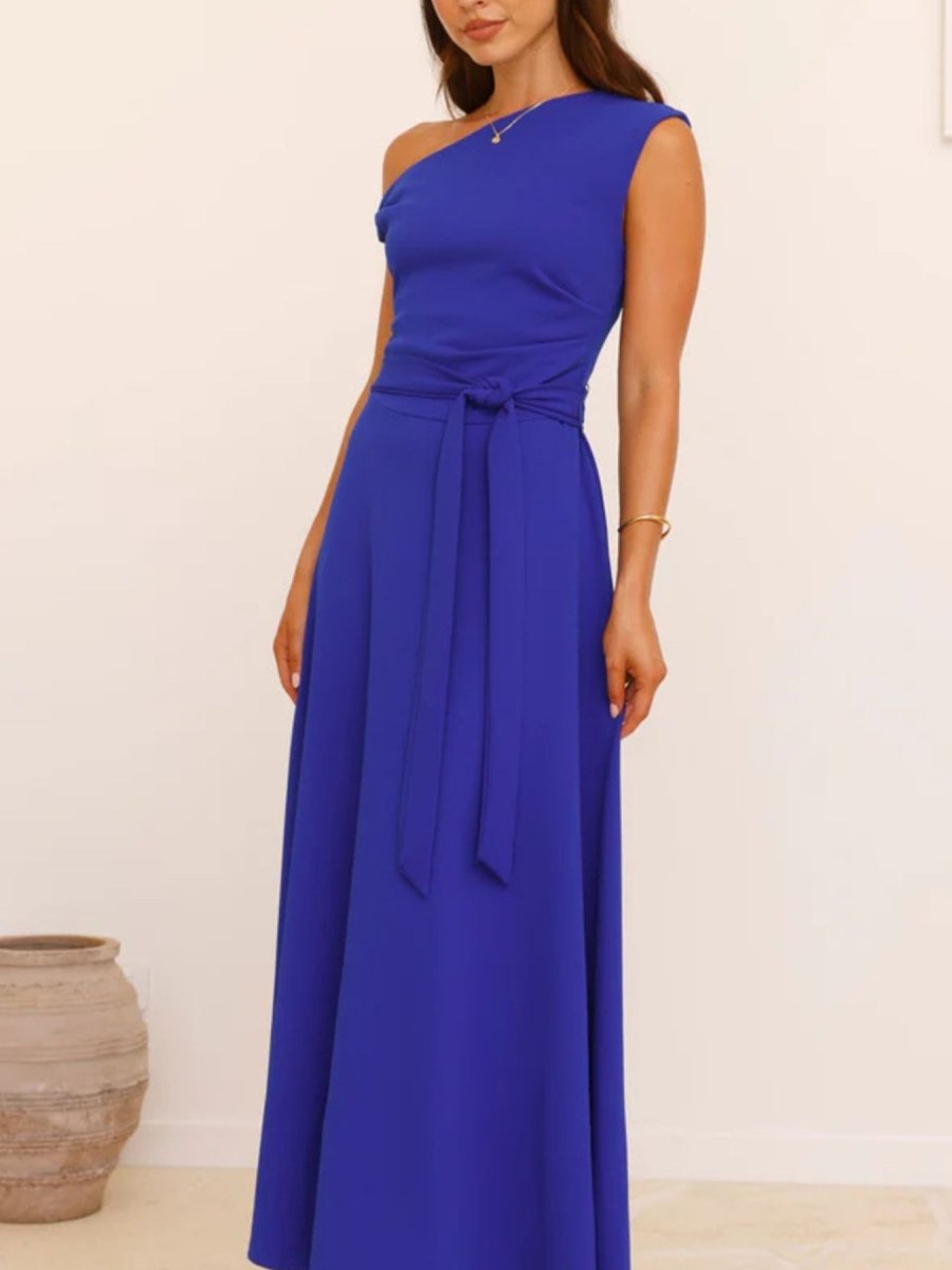 Single Shoulder Tie Waist Maxi Dress - 