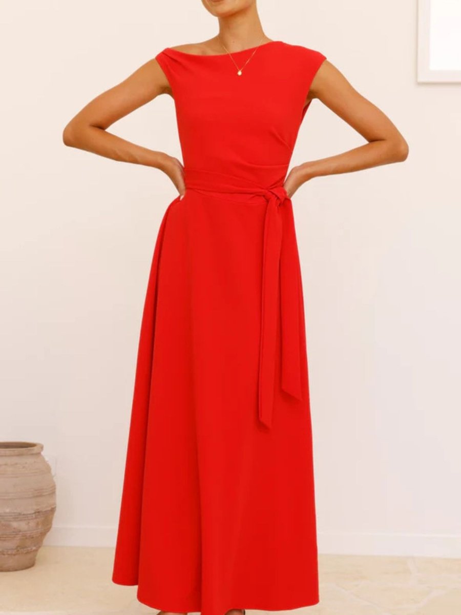Single Shoulder Tie Waist Maxi Dress - 