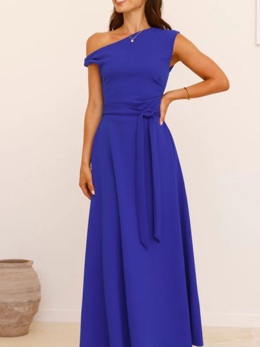 Single Shoulder Tie Waist Maxi Dress - 