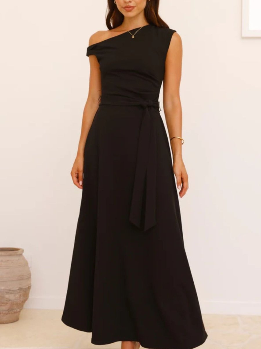 Single Shoulder Tie Waist Maxi Dress - 