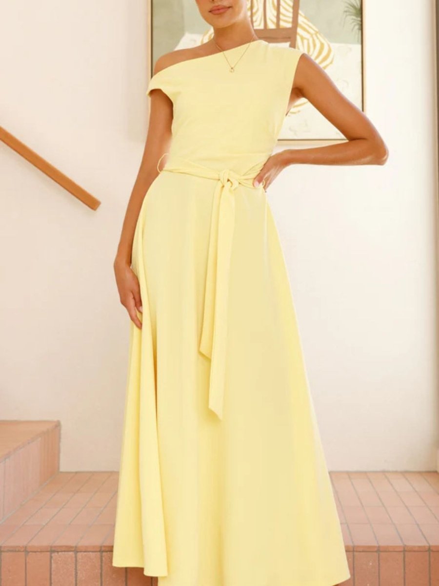 Single Shoulder Tie Waist Maxi Dress - 