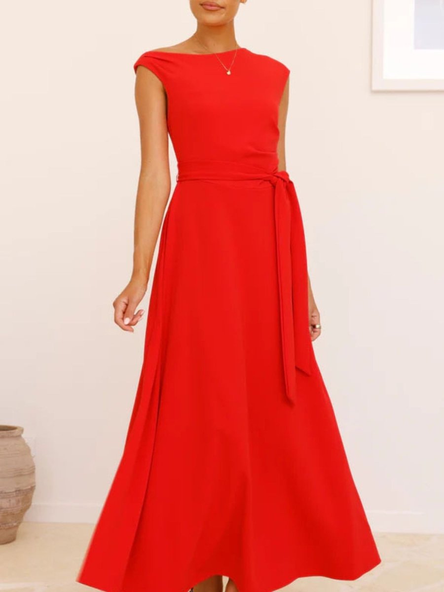 Single Shoulder Tie Waist Maxi Dress - 