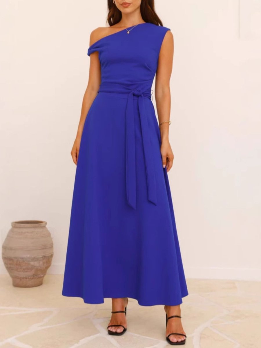 Single Shoulder Tie Waist Maxi Dress - 