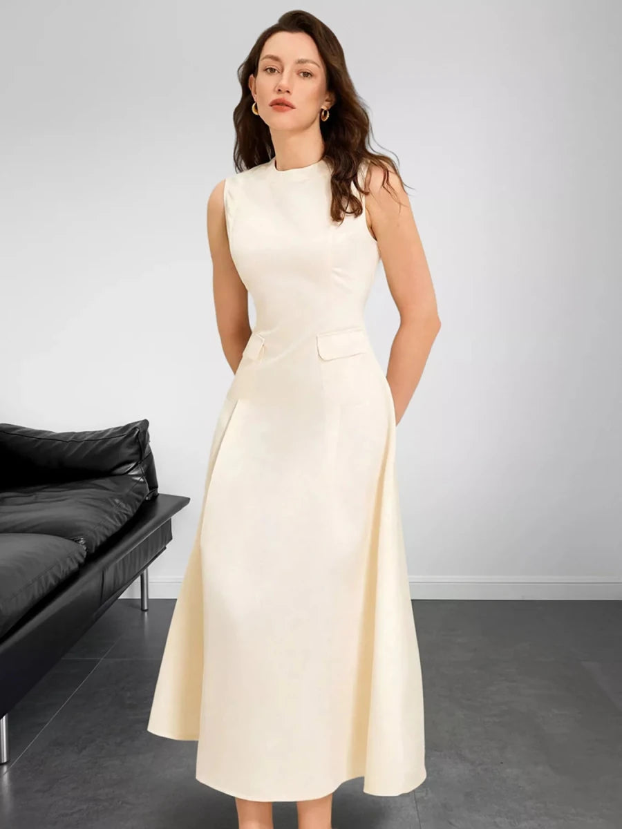 Sleeveless A - Line Midi Dress with Pockets - 