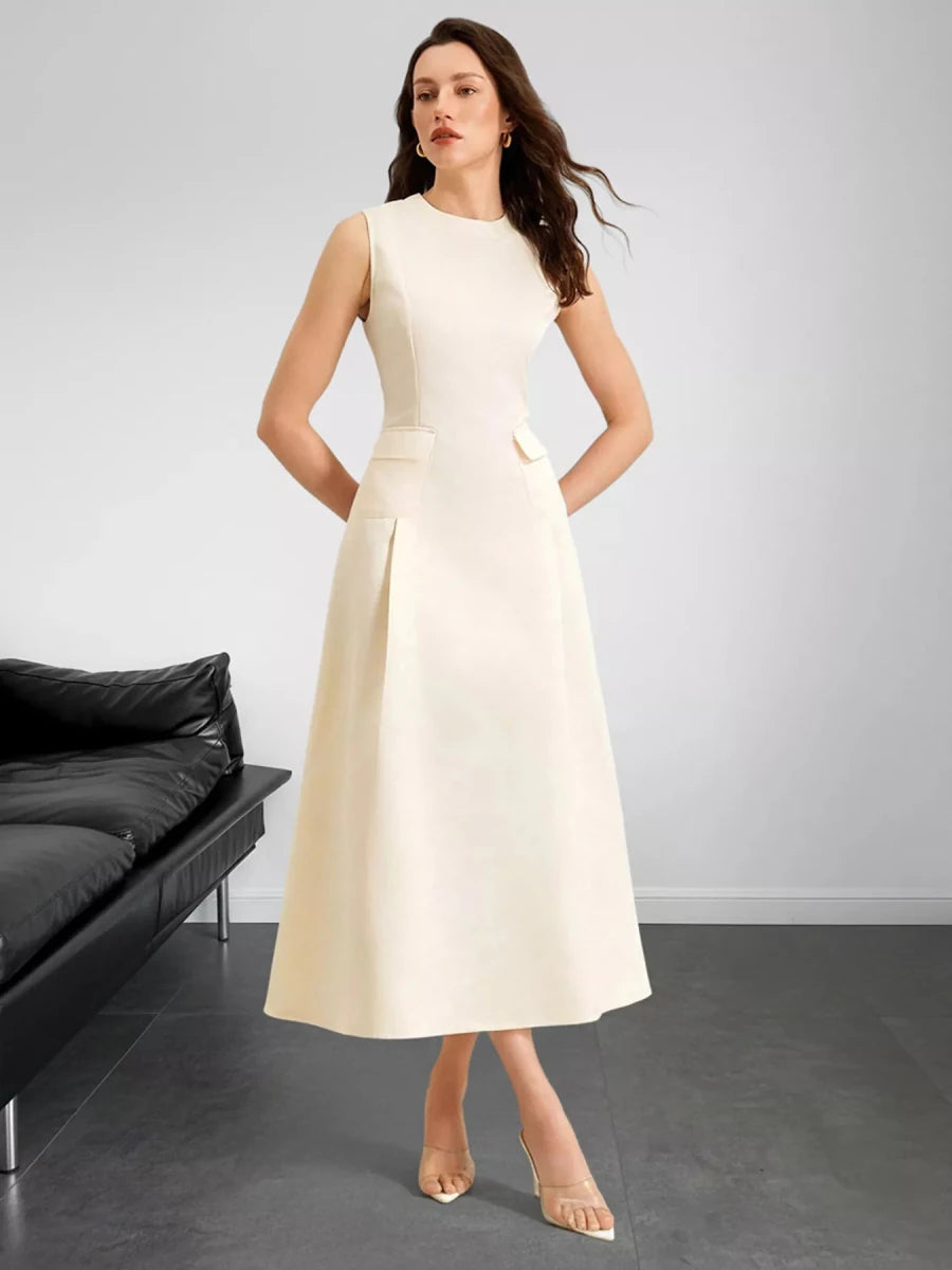 Sleeveless A - Line Midi Dress with Pockets - 