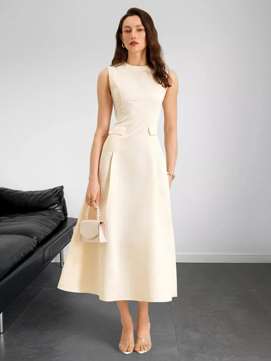 Sleeveless A - Line Midi Dress with Pockets - 