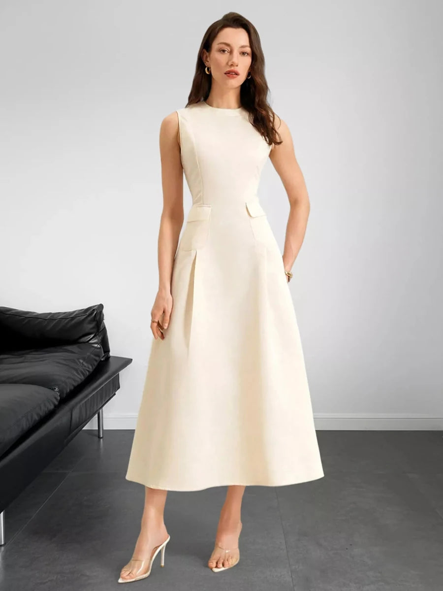 Sleeveless A - Line Midi Dress with Pockets - 