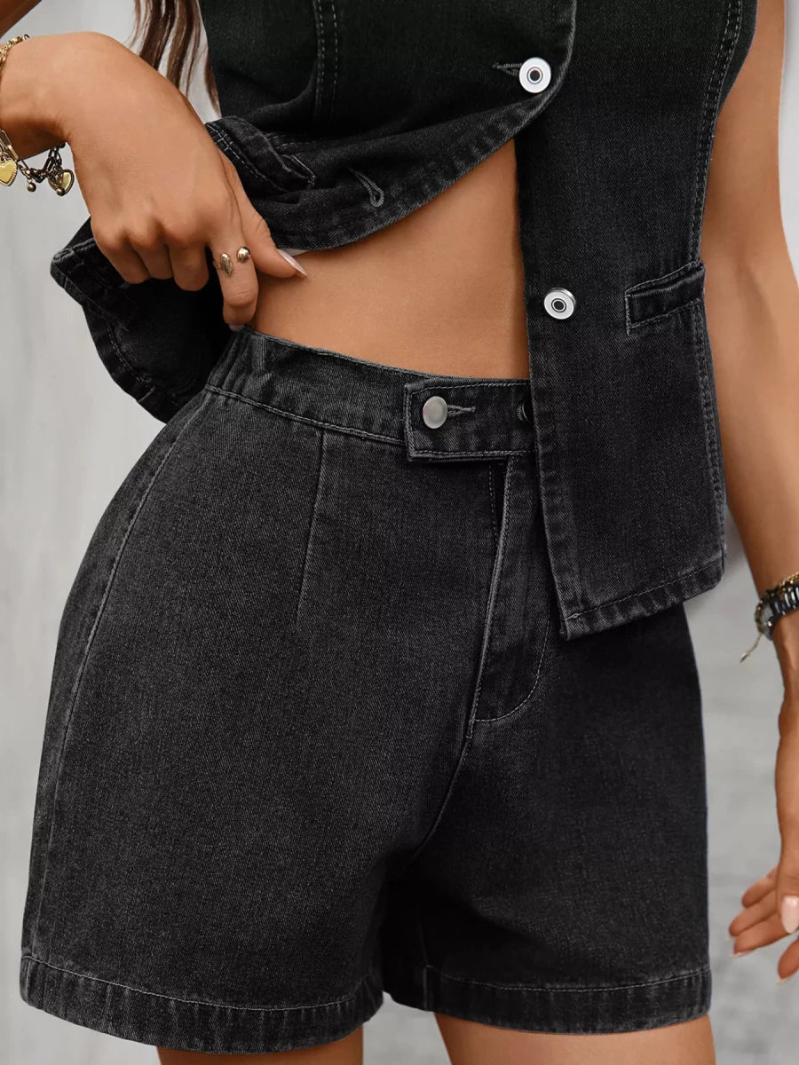 Sleeveless Button - Down Denim Vest & Shorts Set - 