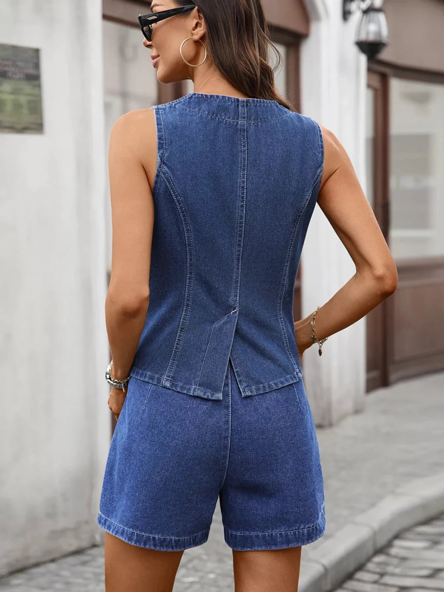 Sleeveless Button - Down Denim Vest & Shorts Set - 