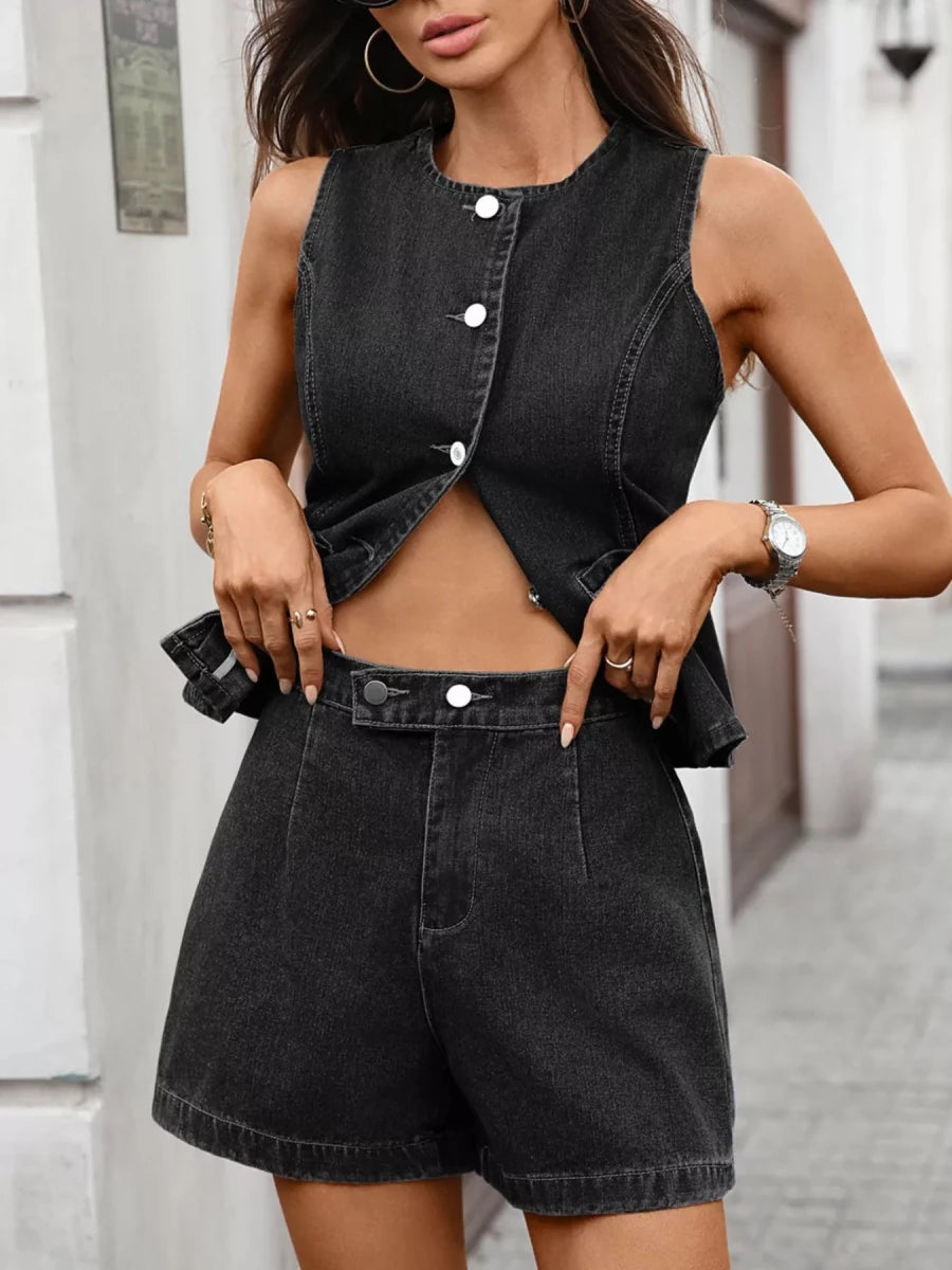 Sleeveless Button - Down Denim Vest & Shorts Set - 